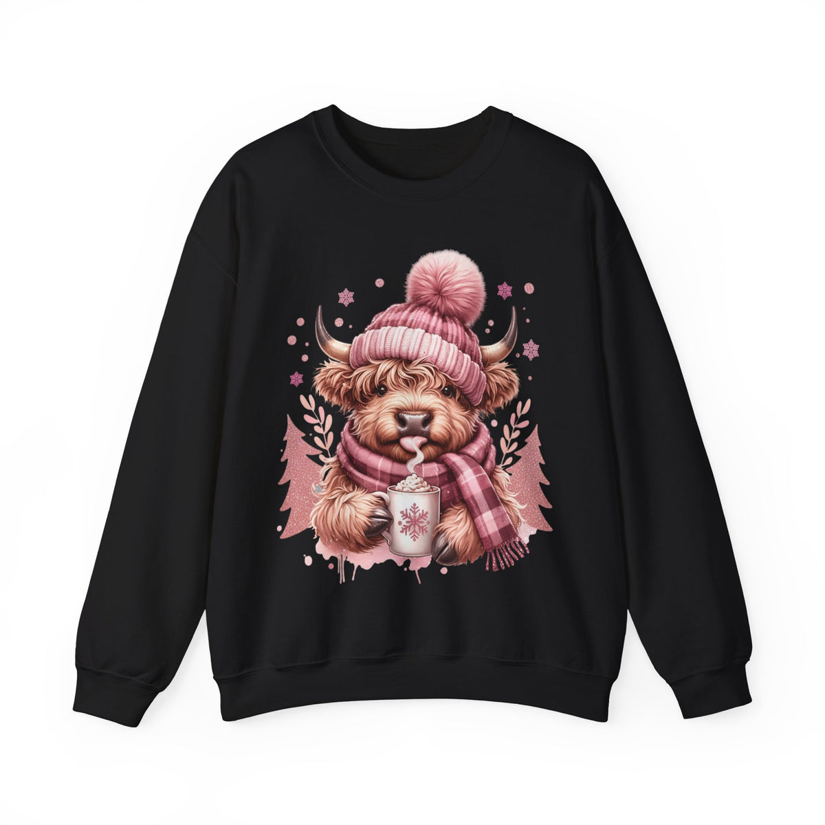 Cozy Highland Cow, Winter Coffee Mug & Scarf Pink – Gildan Heavy Blend | Trendy Women’s Soft Sweatshirt. Direct to Garment. Printed & Shipped in the USA. Unisex Sizes.