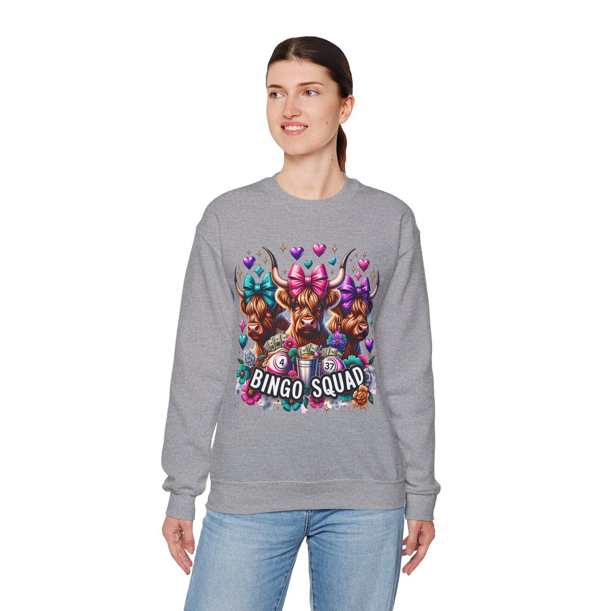 Cute Highland Cows Bingo Squad – Gildan Heavy Blend | Trendy Women’s Soft Sweatshirt. Direct to Garment. Printed & Shipped in the USA. Unisex Sizes.