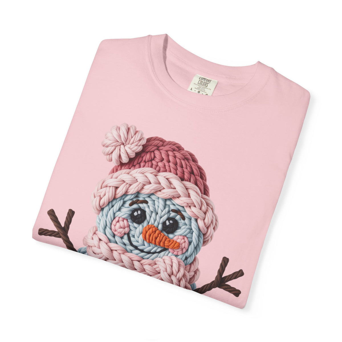 Cute Yarn Snowman - Pink Scarf - Comfort Colors | Trendy Women's T-Shirt. Direct to Garment. Printed & Shipped in the USA. Unisex Sizes.