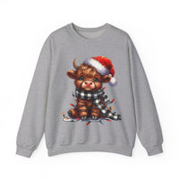 Cute Highland Cow Santa Hat Scarf Christmas Lights – Gildan Heavy Blend | Trendy Women’s Soft Sweatshirt. Direct to Garment. Printed & Shipped in the USA. Unisex Sizes.