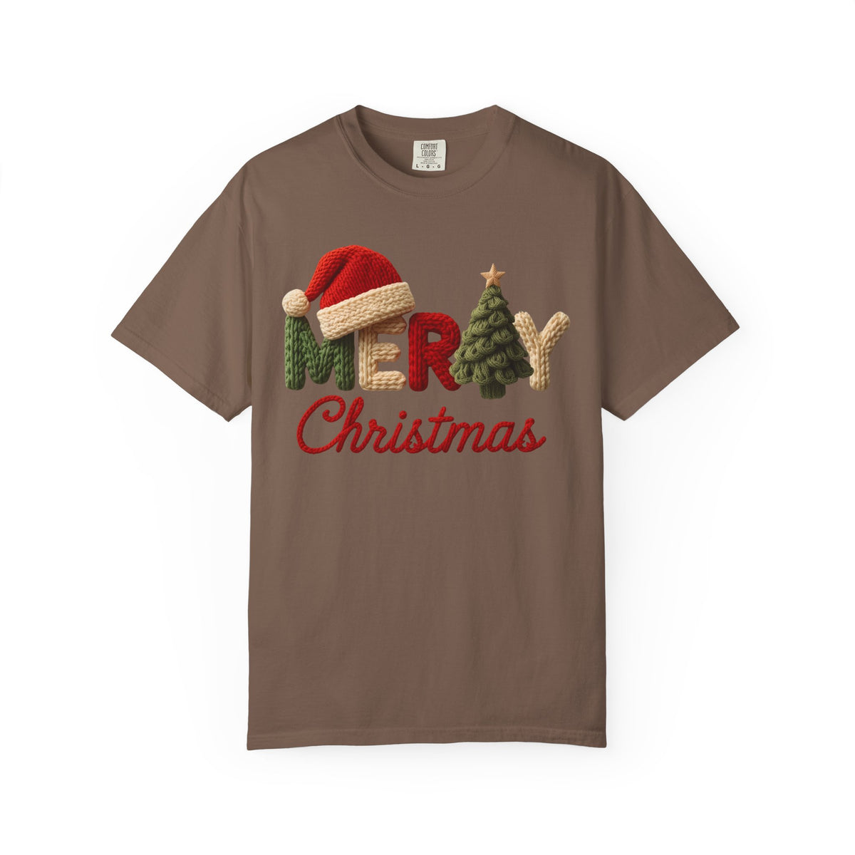 Merry Christmas Faux Yarn w/Santa Hat & Tree - Comfort Colors | Trendy Women's T-Shirt. Direct to Garment. Printed & Shipped in the USA. Unisex Sizes.