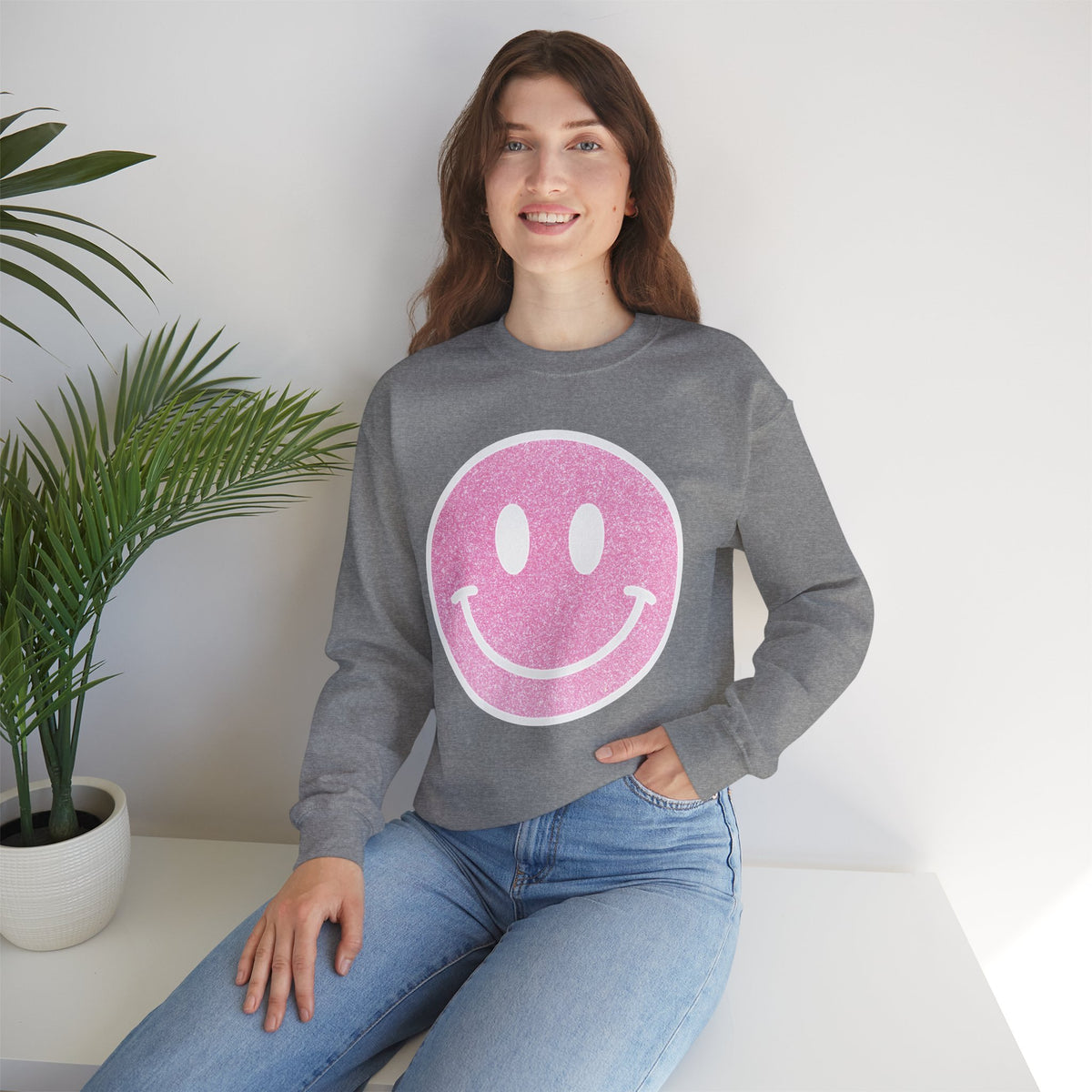 Glitter Smiley – Gildan Heavy Blend | Trendy Women’s Soft Sweatshirt. Direct to Garment. Printed & Shipped in the USA. Unisex Sizes.