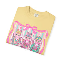 Coquette Pastel Christmas Nutcracker Trio Pink and Green - Comfort Colors | Trendy Women's T-Shirt. Direct to Garment. Printed & Shipped in the USA. Unisex Sizes.
