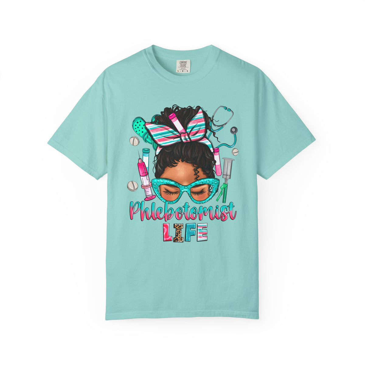 Phlebotomist Life, Messy Bun - Comfort Colors | Trendy Women's T-Shirt. Direct to Garment. Printed & Shipped in the USA. Unisex Sizes.