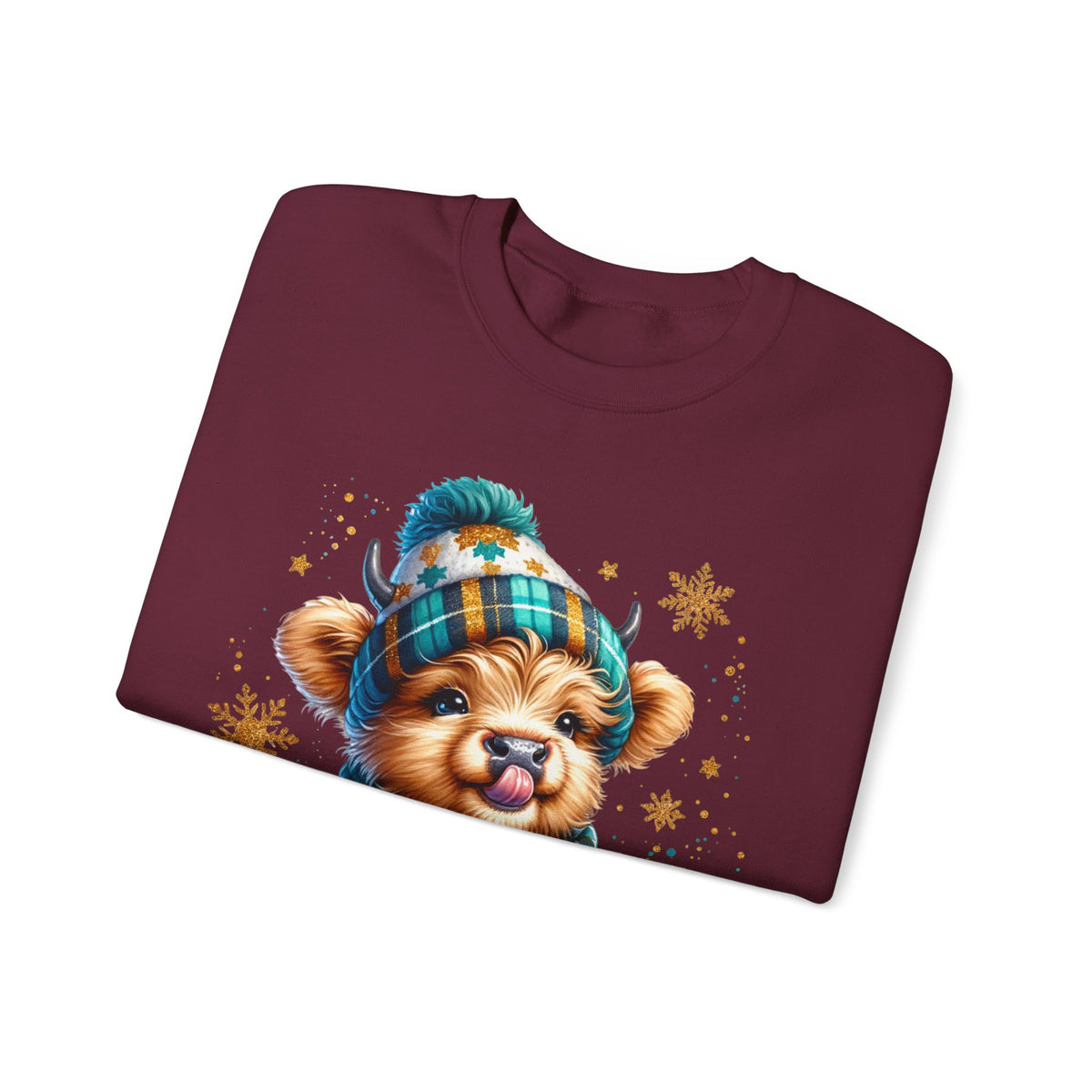 Winter Baby Highland Cow with Cocoa – Gildan Heavy Blend | Trendy Women’s Soft Sweatshirt. Direct to Garment. Printed & Shipped in the USA. Unisex Sizes.