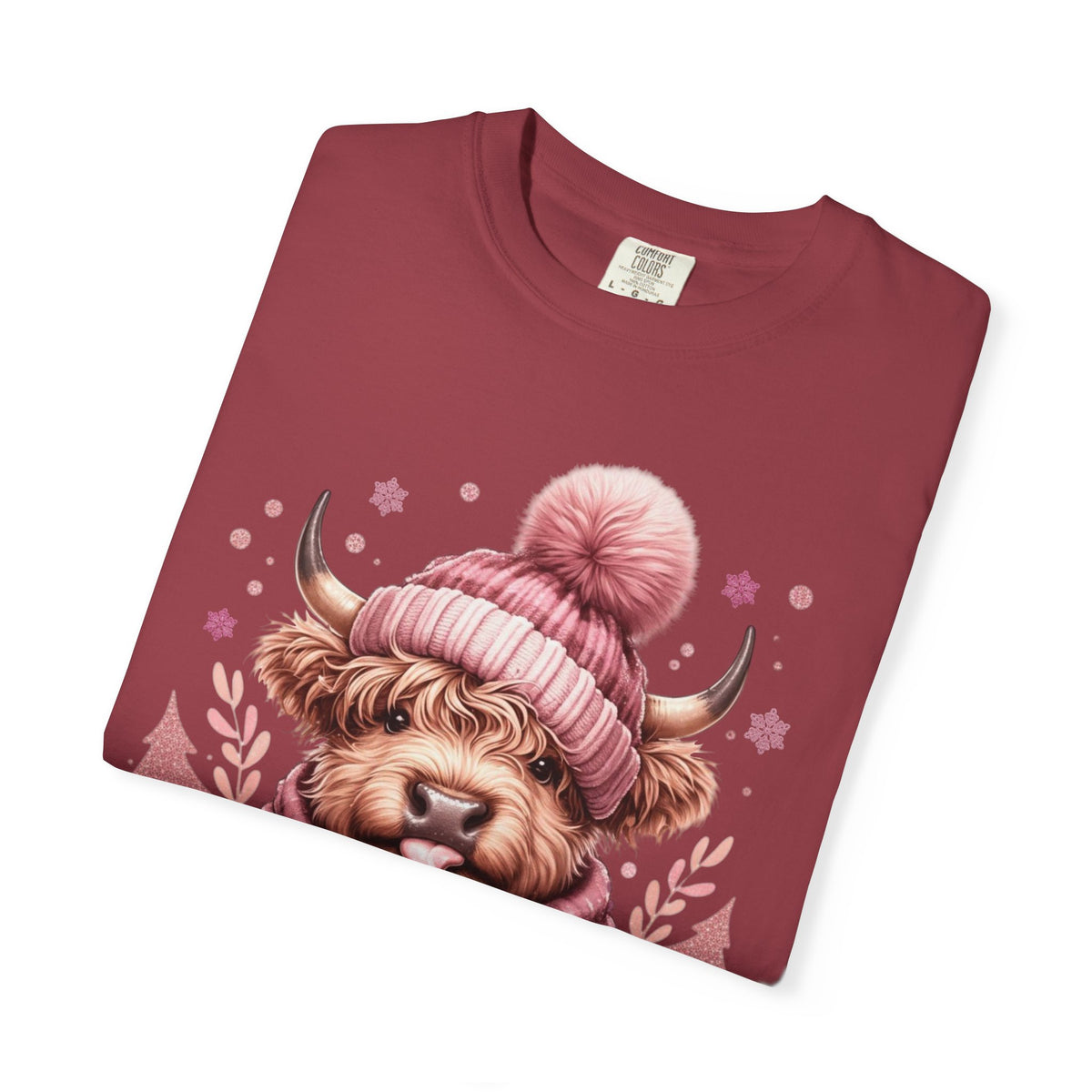 Cozy Highland Cow, Winter Coffee Mug & Scarf - Comfort Colors | Trendy Women's T-Shirt. Direct to Garment. Printed & Shipped in the USA. Unisex Sizes.
