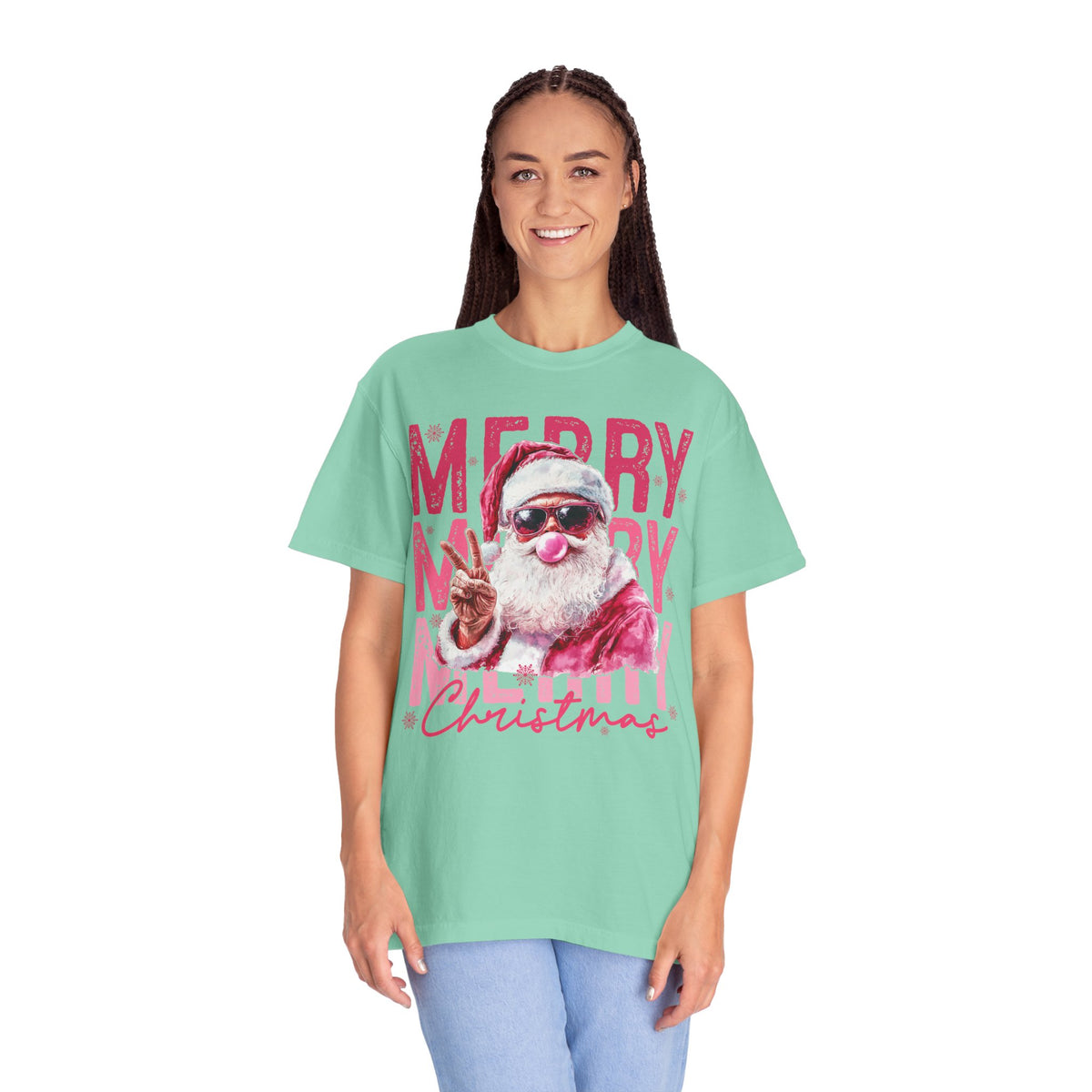 Pink Merry Christmas Bubblegum Santa - Comfort Colors | Trendy Women's T-Shirt. Direct to Garment. Printed & Shipped in the USA. Unisex Sizes.