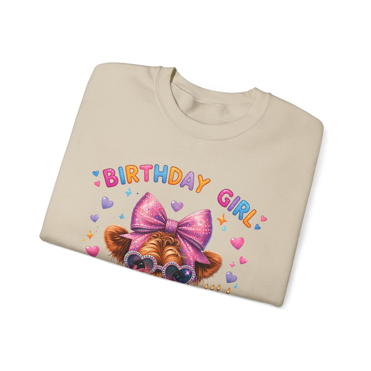 Birthday Girl, Highland Cow – Gildan Heavy Blend | Trendy Women’s Soft Sweatshirt. Direct to Garment. Printed & Shipped in the USA. Unisex Sizes.