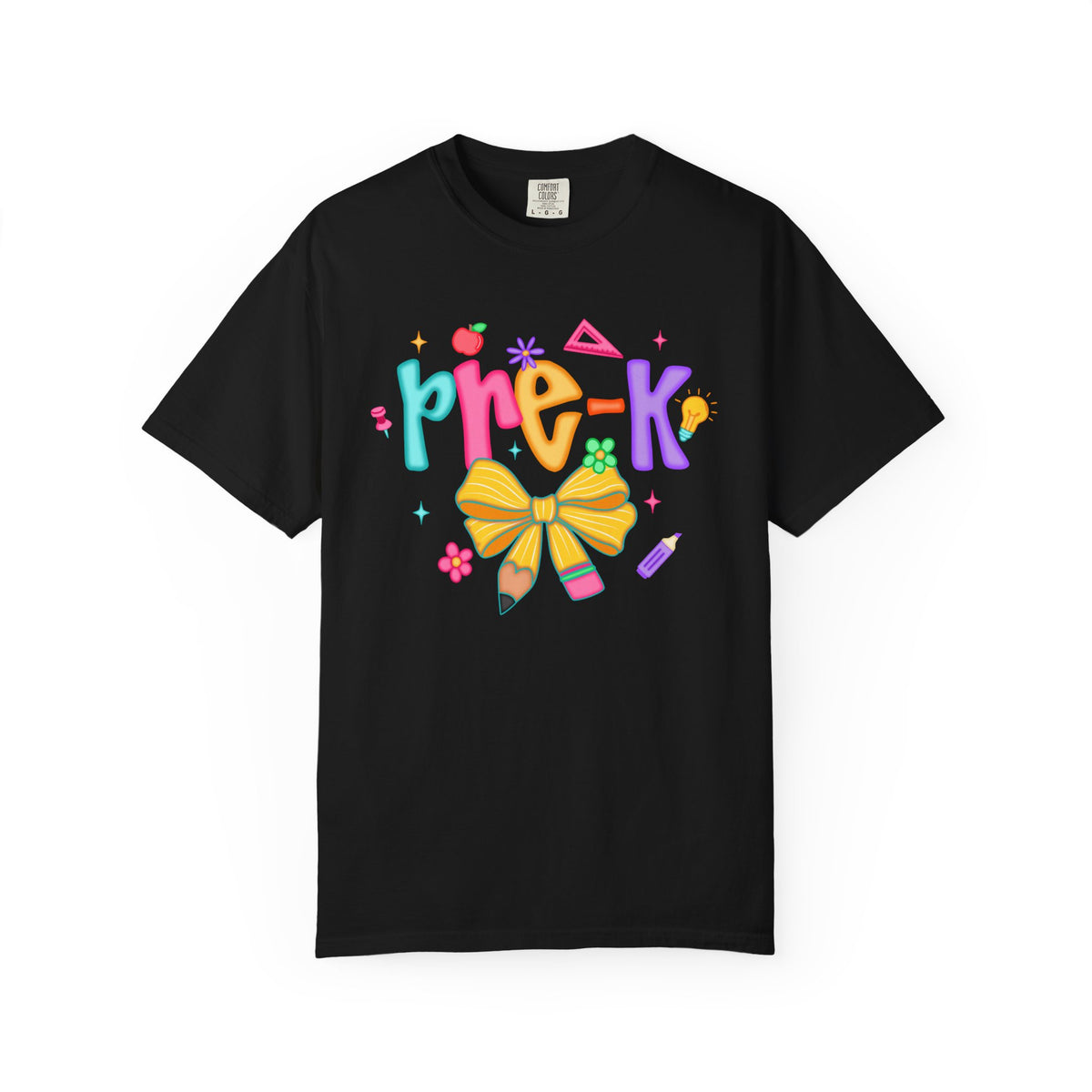 Coquette Pre-K Pencil Bow - Comfort Colors | Trendy Women's T-Shirt. Direct to Garment. Printed & Shipped in the USA. Unisex Sizes.