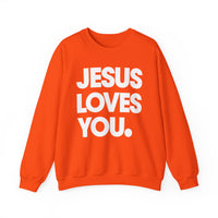 Jesus Loves You – Gildan Heavy Blend | Trendy Women’s and Men's Soft Sweatshirt. Direct to Garment. Printed & Shipped in the USA. Unisex Sizes.