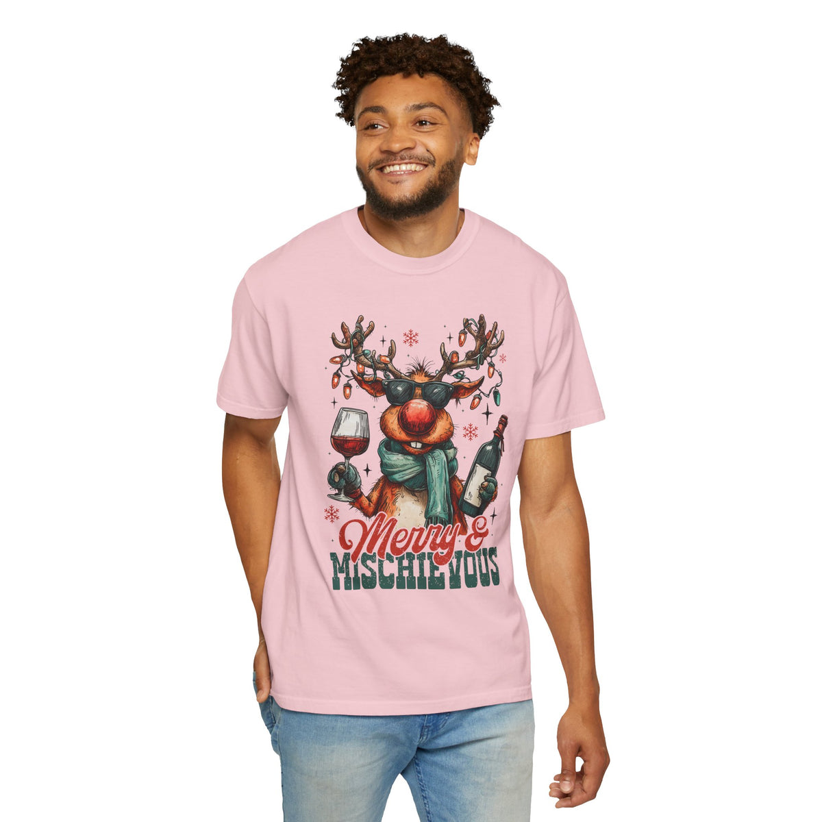 Merry & Mischievous Reindeer - Comfort Colors | Trendy Women's and Men's T-Shirt. Direct to Garment. Printed & Shipped in the USA. Unisex Sizes.