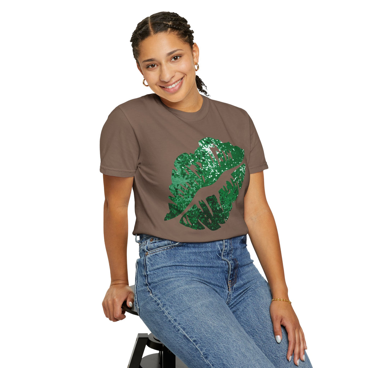 Green Faux Glitter Kiss - Comfort Colors | Trendy Women's T-Shirt. Direct to Garment. Printed & Shipped in the USA. Unisex Sizes.