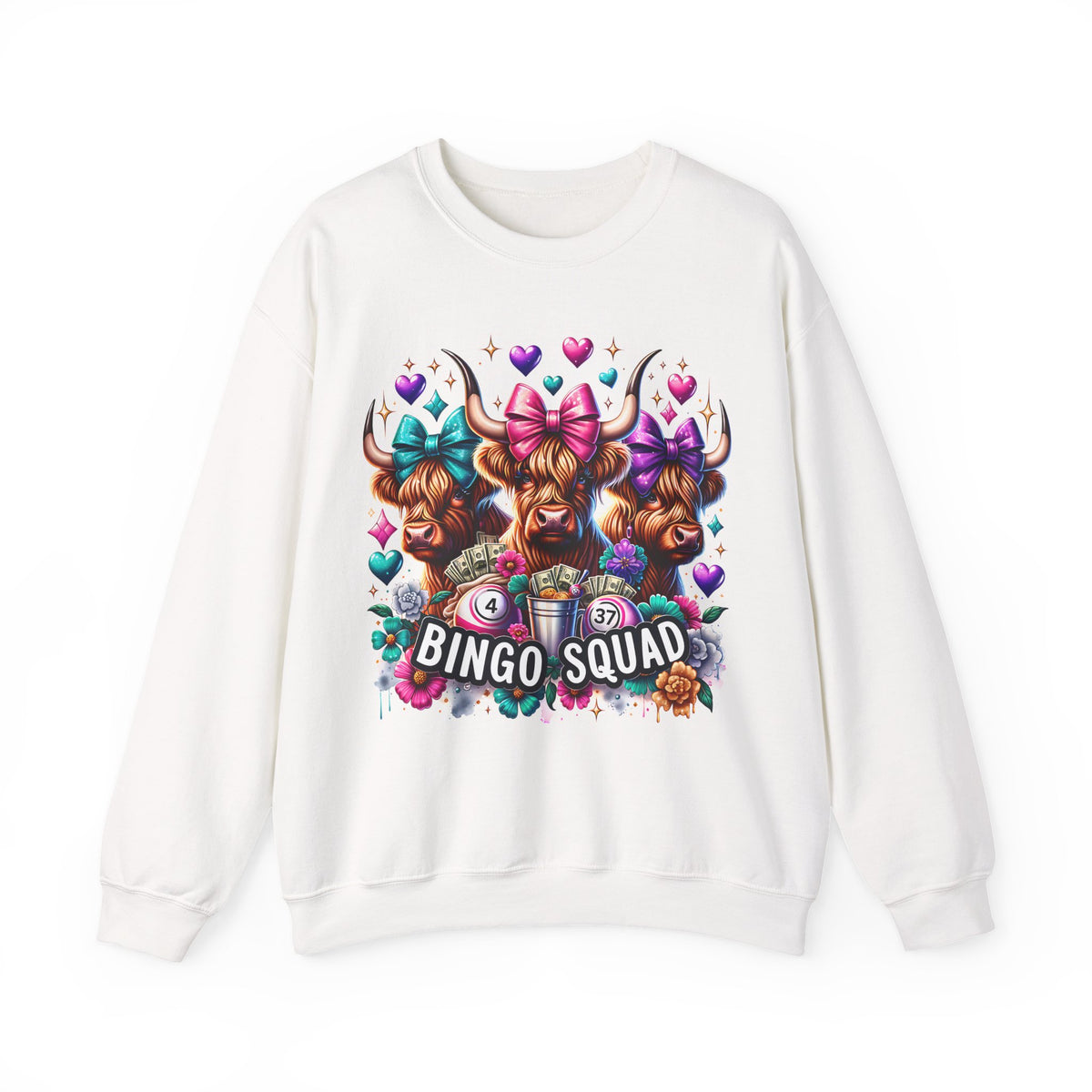 Cute Highland Cows Bingo Squad – Gildan Heavy Blend | Trendy Women’s Soft Sweatshirt. Direct to Garment. Printed & Shipped in the USA. Unisex Sizes.