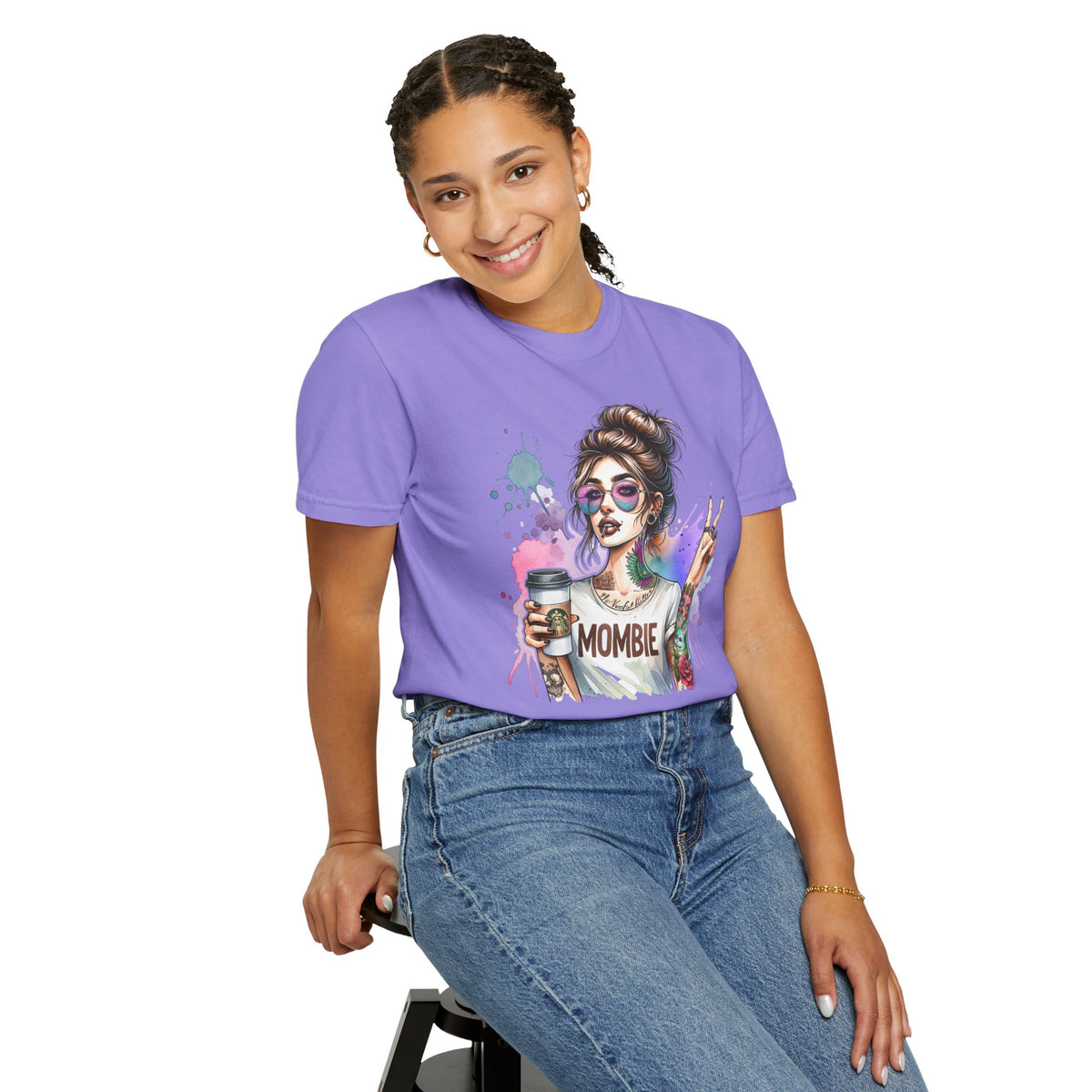 Cool Mombie with Coffee Peace Tattoo - Comfort Colors | Trendy Women's T-Shirt. Direct to Garment. Printed & Shipped in the USA. Unisex Sizes.