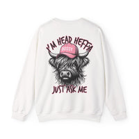 Head Heffa Highland Cow, Front & Back Print – Gildan Heavy Blend | Trendy Women’s Soft Sweatshirt. Direct to Garment. Printed & Shipped in the USA. Unisex Sizes.