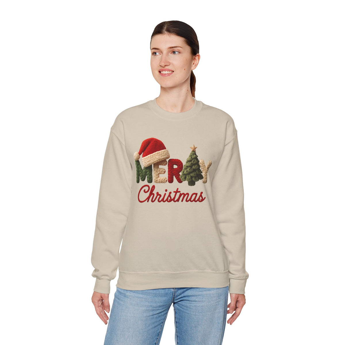 Merry Christmas Faux Yarn w/Santa Hat & Tree – Gildan Heavy Blend | Trendy Women’s Soft Sweatshirt. Direct to Garment. Printed & Shipped in the USA. Unisex Sizes.