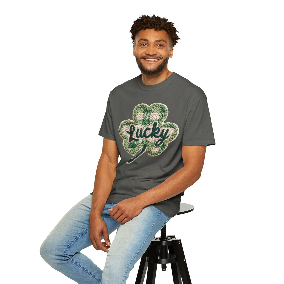 Lucky Shamrock Faux Knit - Comfort Colors | Trendy Men's and Women's T-Shirt. Direct to Garment. Printed & Shipped in the USA. Unisex Sizes.