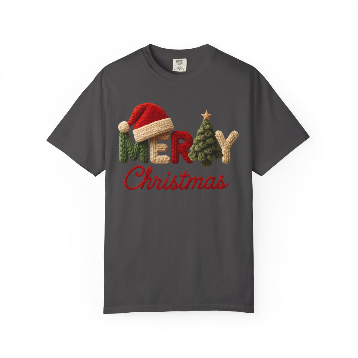 Merry Christmas Faux Yarn w/Santa Hat & Tree - Comfort Colors | Trendy Women's T-Shirt. Direct to Garment. Printed & Shipped in the USA. Unisex Sizes.