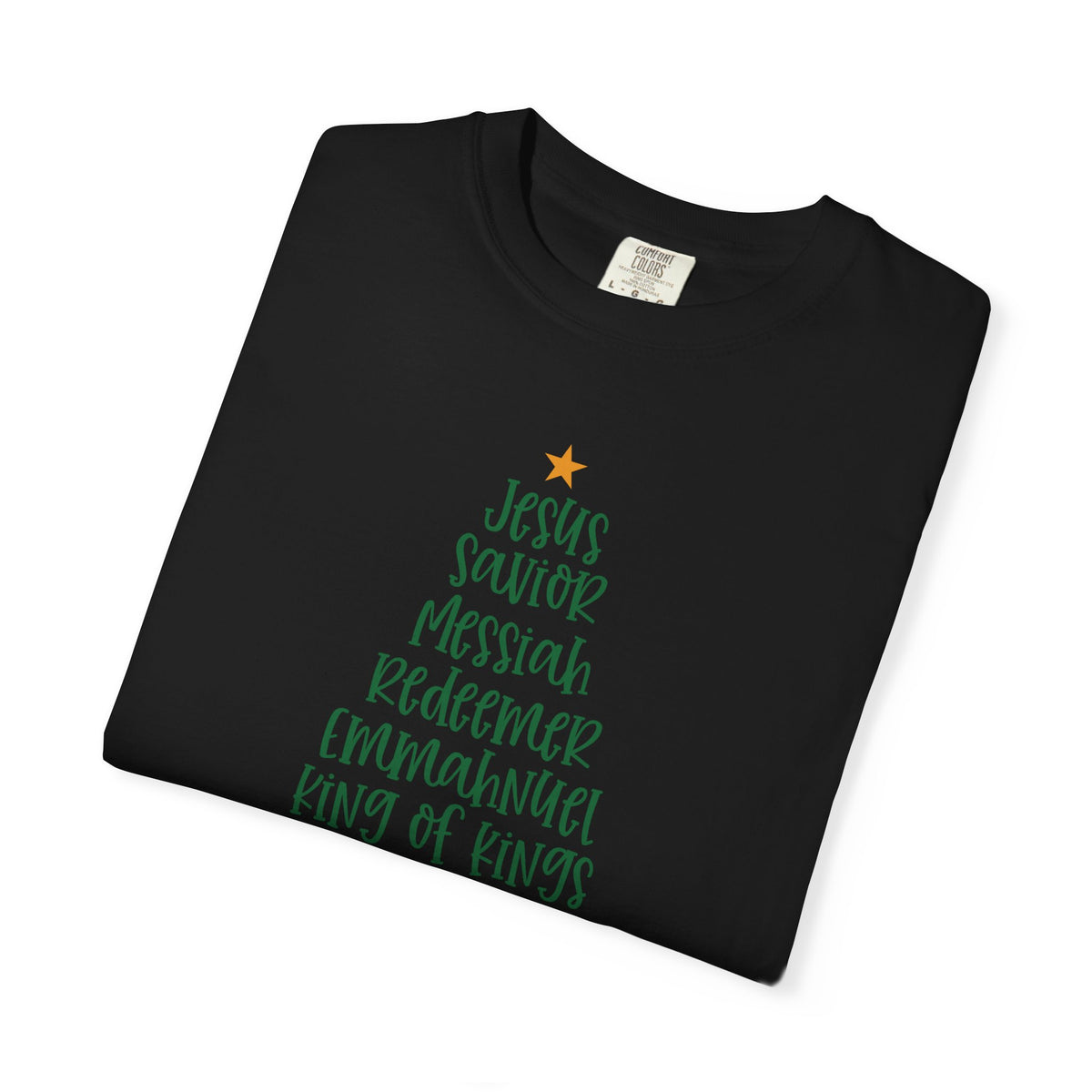 Jesus Name Christmas Tree - Comfort Colors | Trendy Women's T-Shirt. Direct to Garment. Printed & Shipped in the USA. Unisex Sizes.