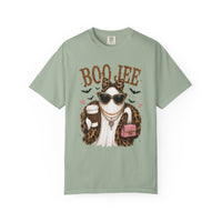 BooJee Ghost with Coffee - Halloween - Comfort Colors | Trendy Women's T-Shirt. Direct to Garment. Printed & Shipped in the USA. Unisex Sizes.
