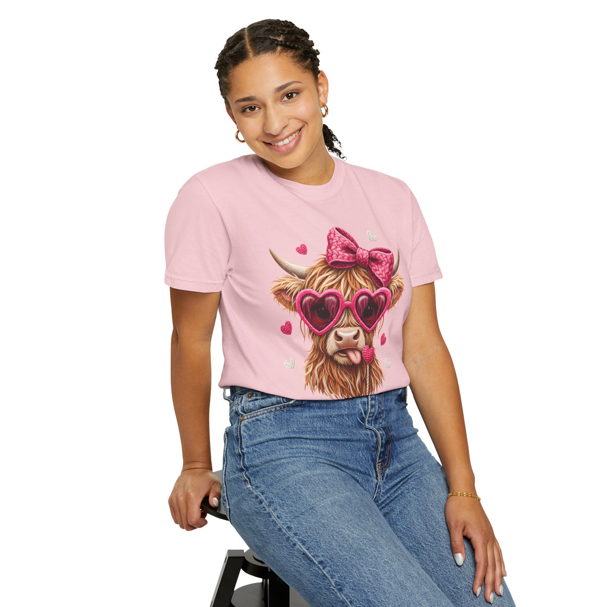 Highland Cow - Pink Heart Shaped Glasses - Comfort Colors | Trendy Women's T-Shirt. Direct to Garment. Printed & Shipped in the USA. Unisex Sizes.