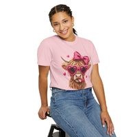 Highland Cow - Pink Heart Shaped Glasses - Comfort Colors | Trendy Women's T-Shirt. Direct to Garment. Printed & Shipped in the USA. Unisex Sizes.