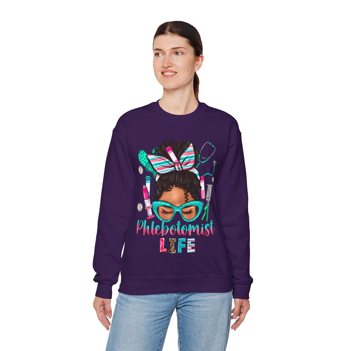 Phlebotomist Life, Messy Bun – Gildan Heavy Blend | Trendy Women’s Soft Sweatshirt. Direct to Garment. Printed & Shipped in the USA. Unisex Sizes.