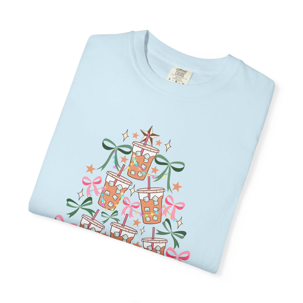 Merry and Caffeinated Iced Coffee Christmas Tree - Comfort Colors | Trendy Women's T-Shirt. Direct to Garment. Printed & Shipped in the USA. Unisex Sizes.