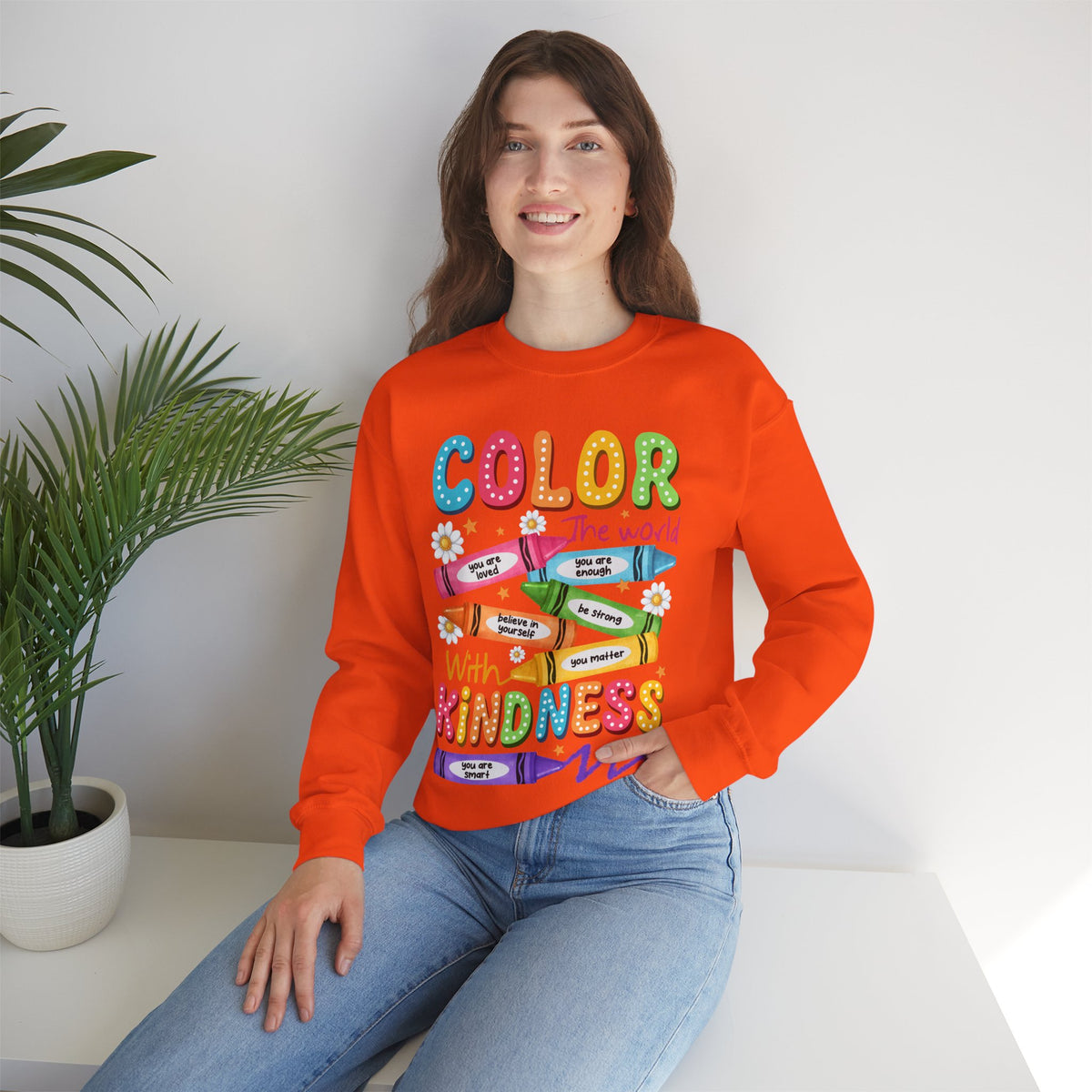 Color the World With Kindness Crayons, Great Teacher Gift – Gildan Heavy Blend | Trendy Women’s and Men's Soft Sweatshirt. Direct to Garment. Printed & Shipped in the USA. Unisex Sizes.