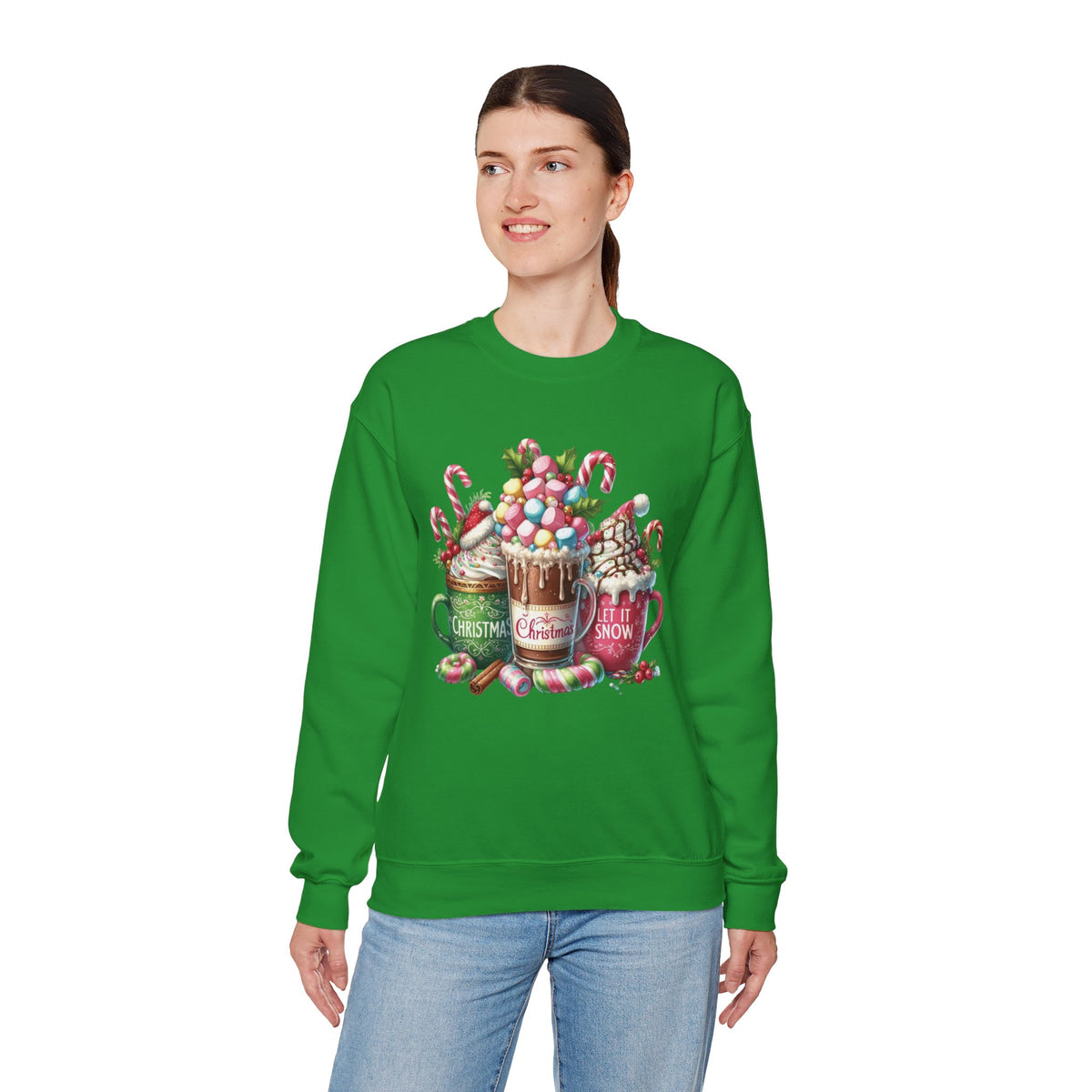Hot Chocolate Mugs Christmas Hot Cocoa – Gildan Heavy Blend | Trendy Women’s Soft Sweatshirt. Direct to Garment. Printed & Shipped in the USA. Unisex Sizes.