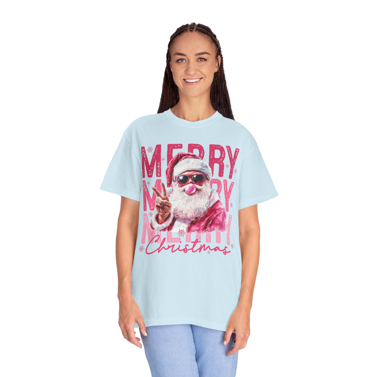 Pink Merry Christmas Bubblegum Santa - Comfort Colors | Trendy Women's T-Shirt. Direct to Garment. Printed & Shipped in the USA. Unisex Sizes.