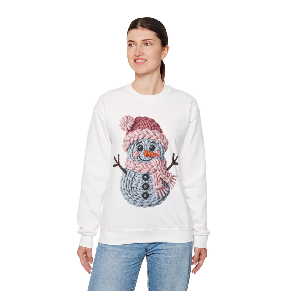 Cute Yarn Snowman - Pink Scarf Faux Yarn – Gildan Heavy Blend | Trendy Women’s Soft Sweatshirt. Direct to Garment. Printed & Shipped in the USA. Unisex Sizes.