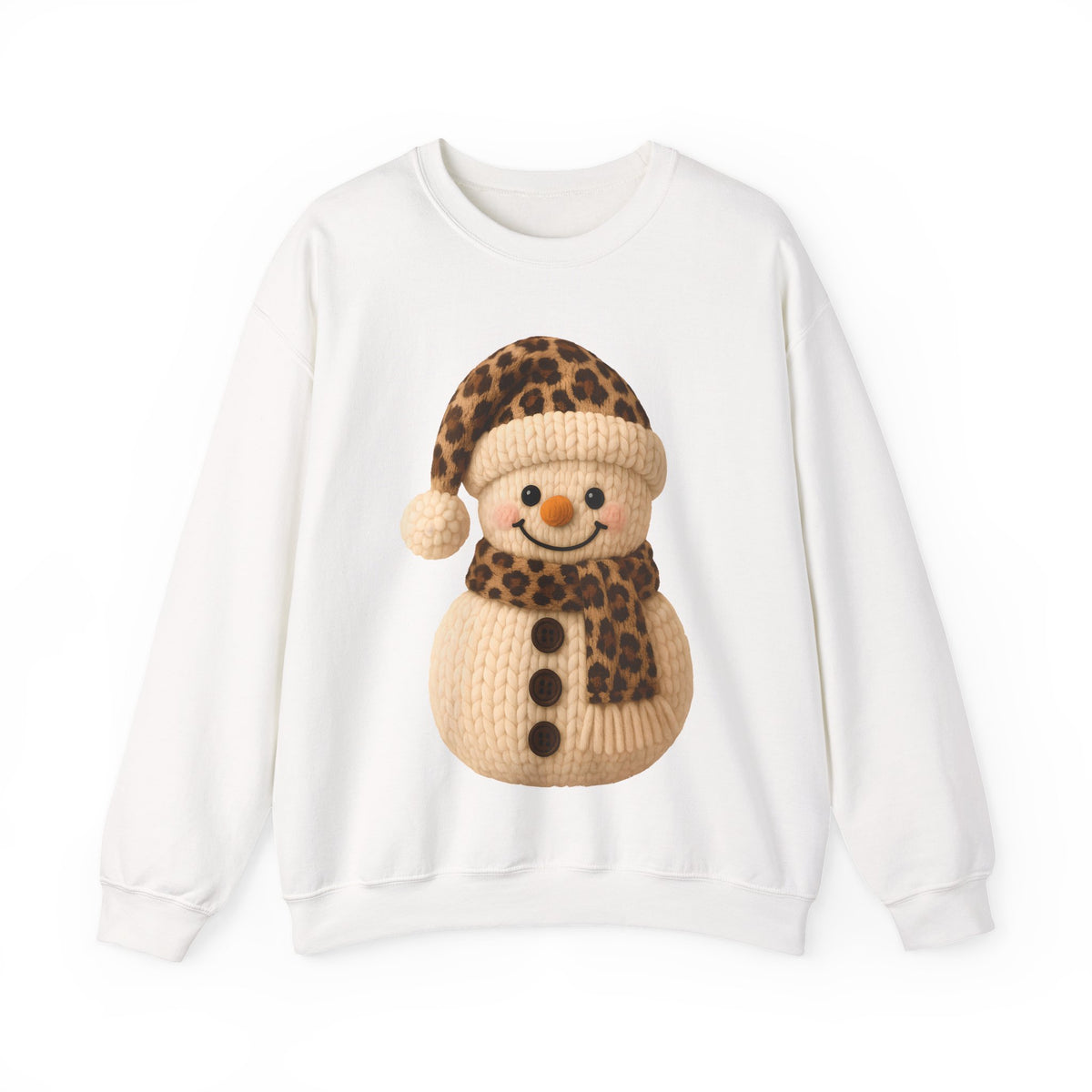 Cute Leopard Faux Knit Snowman Winter – Gildan Heavy Blend | Trendy Women’s Soft Sweatshirt. Direct to Garment. Printed & Shipped in the USA. Unisex Sizes.
