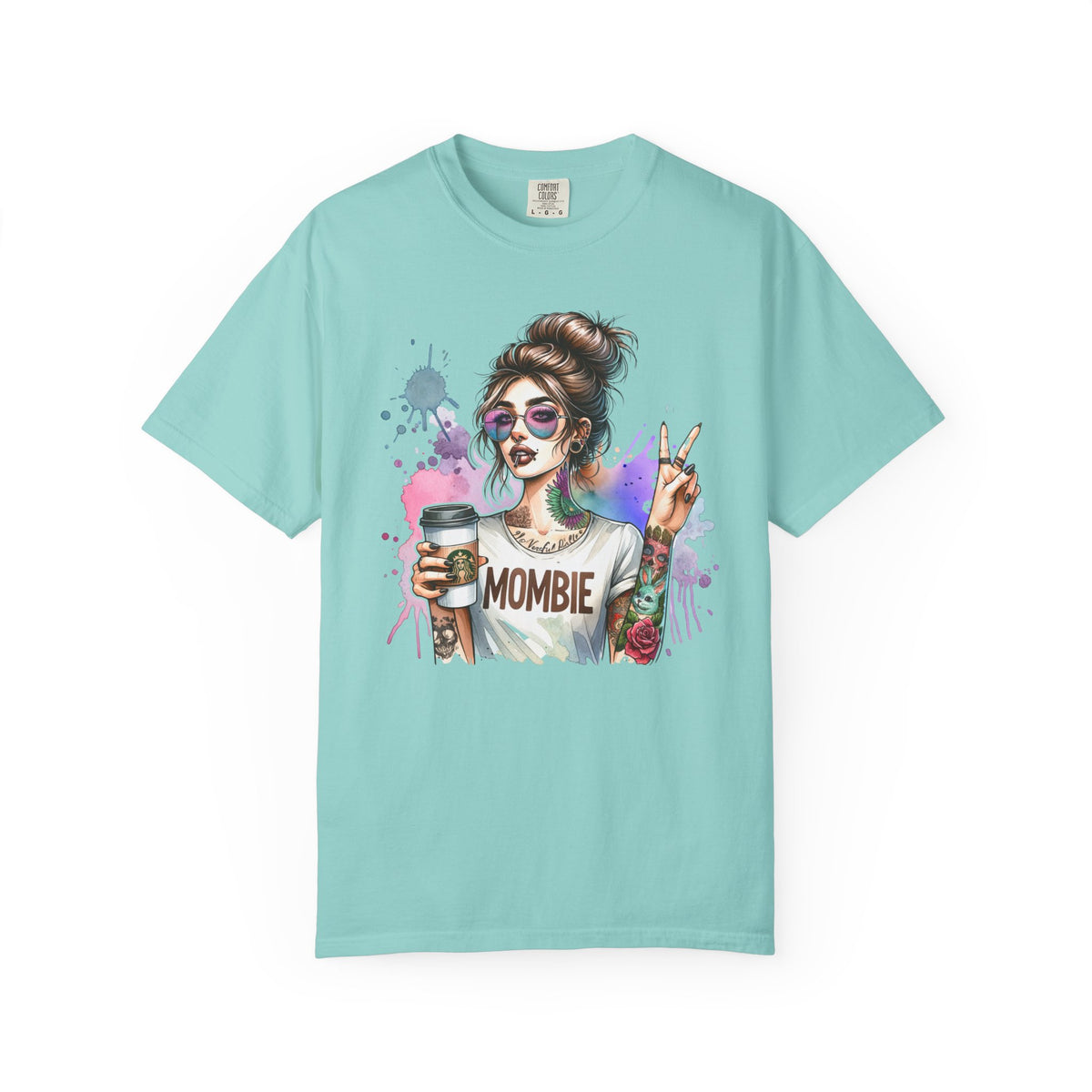 Cool Mombie with Coffee Peace Tattoo - Comfort Colors | Trendy Women's T-Shirt. Direct to Garment. Printed & Shipped in the USA. Unisex Sizes.