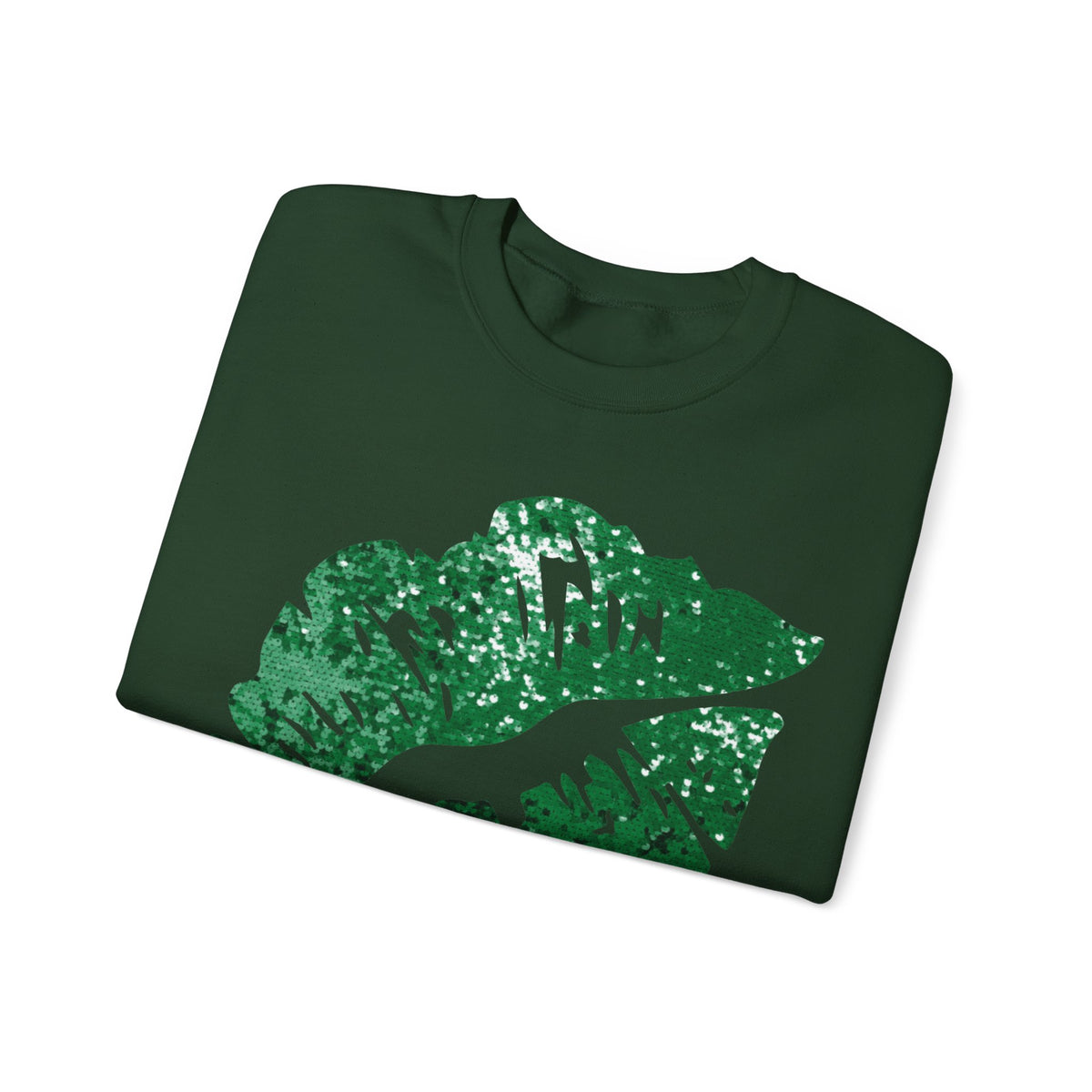 Green Faux Glitter Kiss – Gildan Heavy Blend | Trendy Women’s Soft Sweatshirt. Direct to Garment. Printed & Shipped in the USA. Unisex Sizes.
