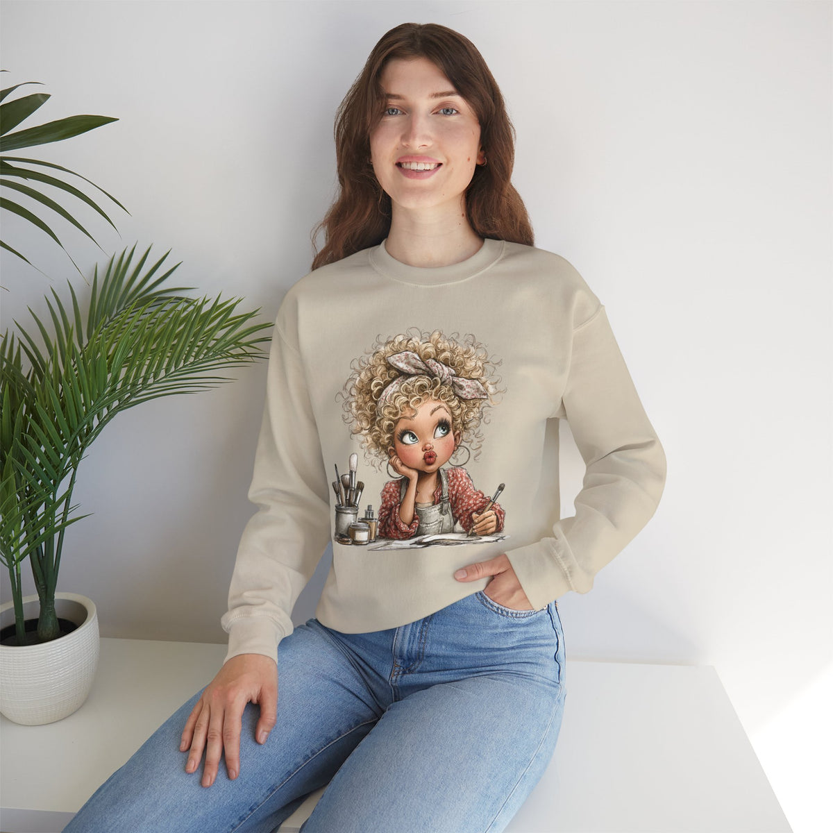 Cute Artist Curly Girl – Gildan Heavy Blend | Trendy Women’s Soft Sweatshirt. Direct to Garment. Printed & Shipped in the USA. Unisex Sizes.