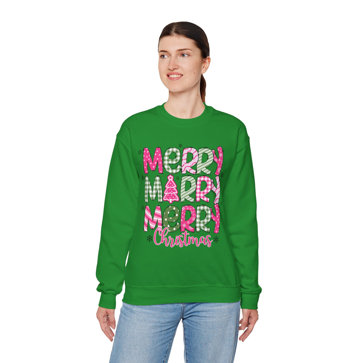 Merry Merry Merry Christmas Festive Candy Cane - Pink and Green – Gildan Heavy Blend | Trendy Women’s Soft Sweatshirt. Direct to Garment. Printed & Shipped in the USA. Unisex Sizes.