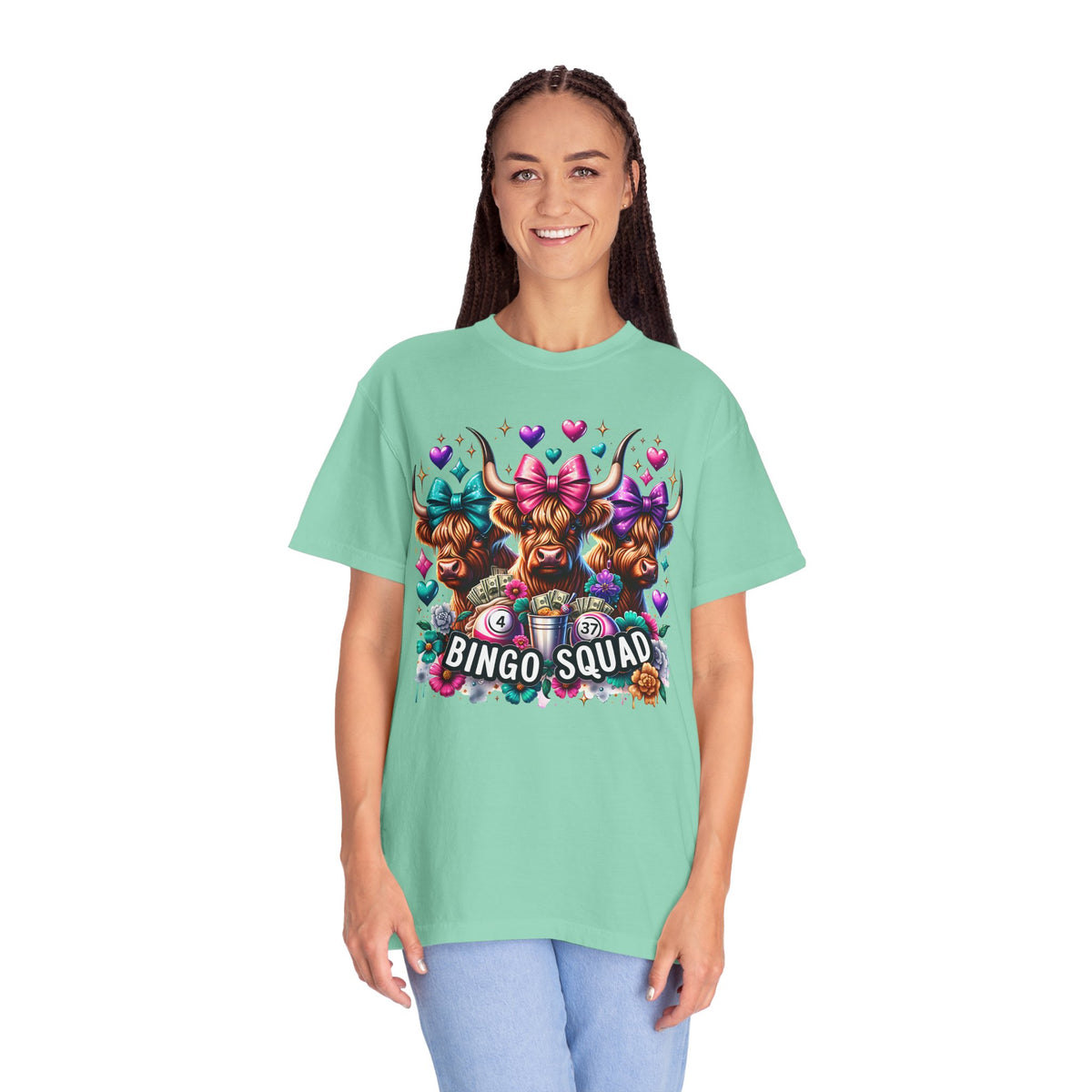 Cute Highland Cows Bingo Squad - Comfort Colors | Trendy Women's T-Shirt. Direct to Garment. Printed & Shipped in the USA. Unisex Sizes.