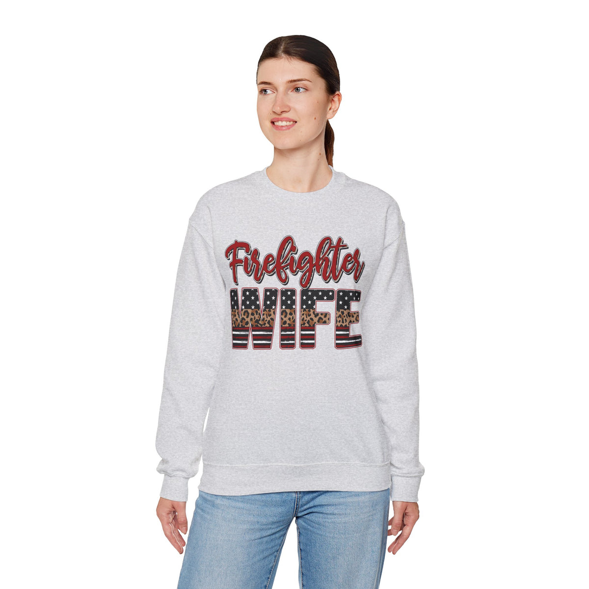 Firefighter Wife Patriotic Flag Lettering for Firefighter Spouse – Gildan Heavy Blend | Trendy Women’s Soft Sweatshirt. Direct to Garment. Printed & Shipped in the USA. Unisex Sizes.