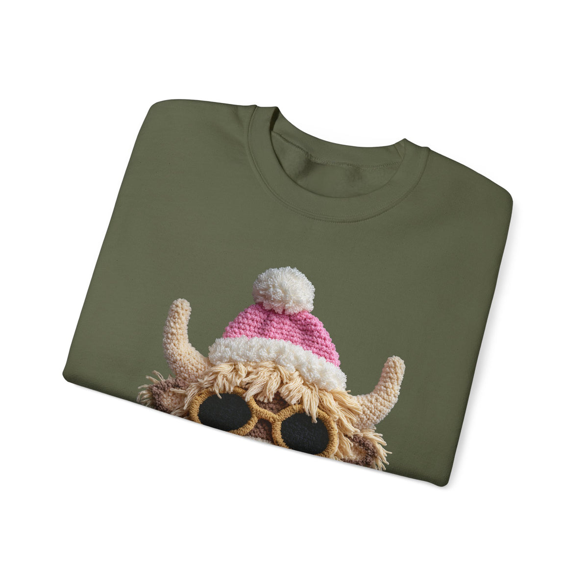 Faux Crochet Highland Cow Bubblegum – Gildan Heavy Blend | Trendy Women’s Soft Sweatshirt. Direct to Garment. Printed & Shipped in the USA. Unisex Sizes.
