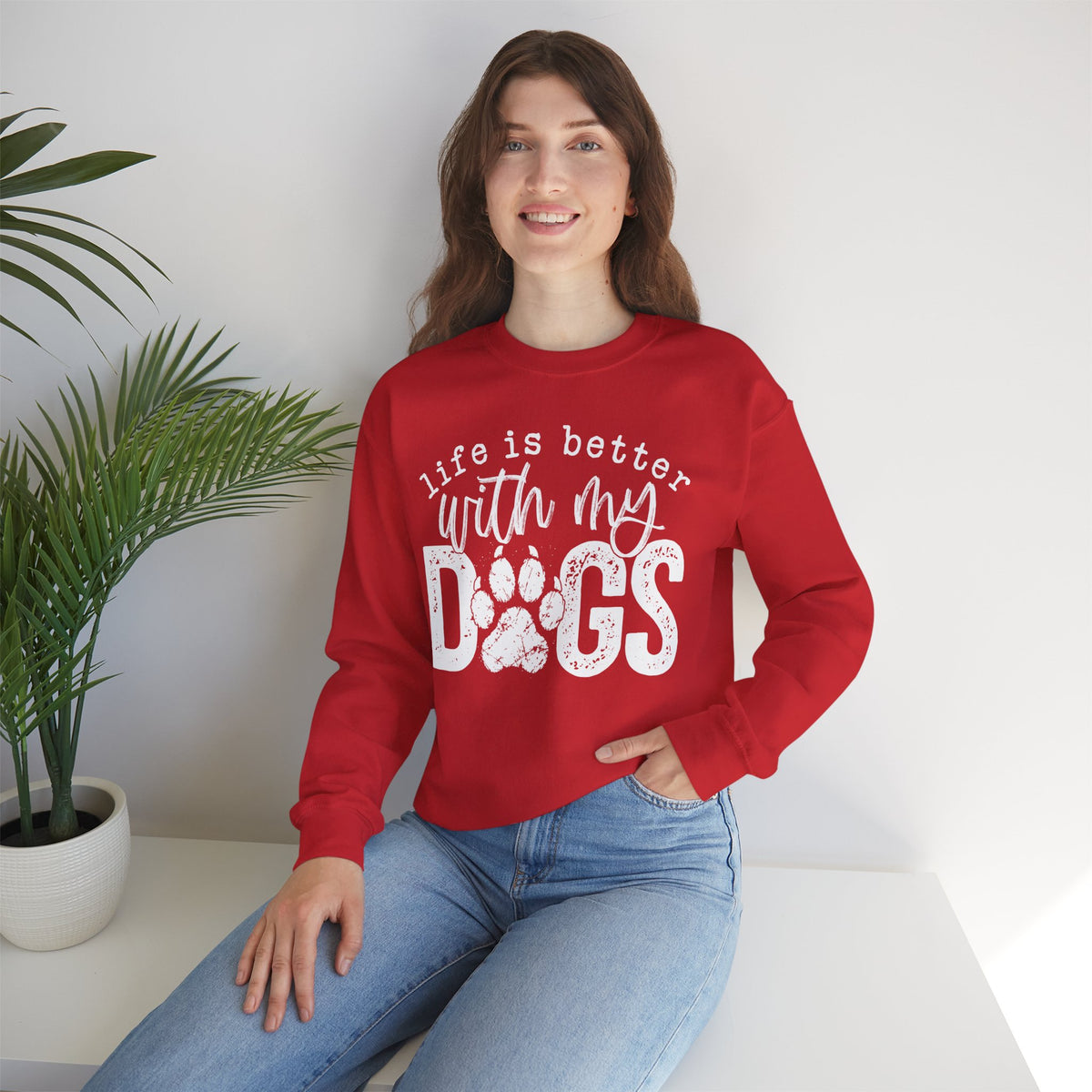 Life Is Better With My Dogs, Distressed – Gildan Heavy Blend | Trendy Women’s and Men's Soft Sweatshirt. Direct to Garment. Printed & Shipped in the USA. Unisex Sizes.