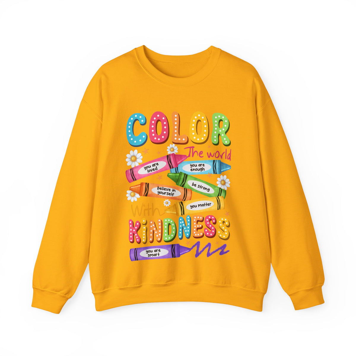 Color the World With Kindness Crayons, Great Teacher Gift – Gildan Heavy Blend | Trendy Women’s and Men's Soft Sweatshirt. Direct to Garment. Printed & Shipped in the USA. Unisex Sizes.