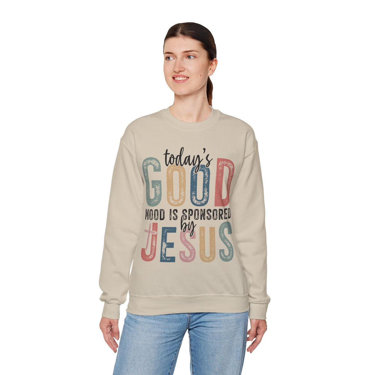Today's Good Mood Sponsored By Jesus, Christian, Faith – Gildan Heavy Blend | Trendy Women’s Soft Sweatshirt. Direct to Garment. Printed & Shipped in the USA. Unisex Sizes.