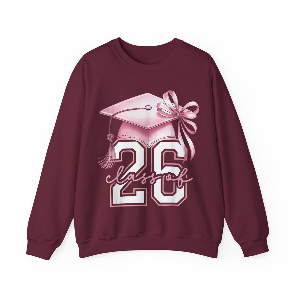 Pink Coquette, Class of 2026 Graduation Cap – Gildan Heavy Blend | Trendy Women’s Soft Sweatshirt. Direct to Garment. Printed & Shipped in the USA. Unisex Sizes.