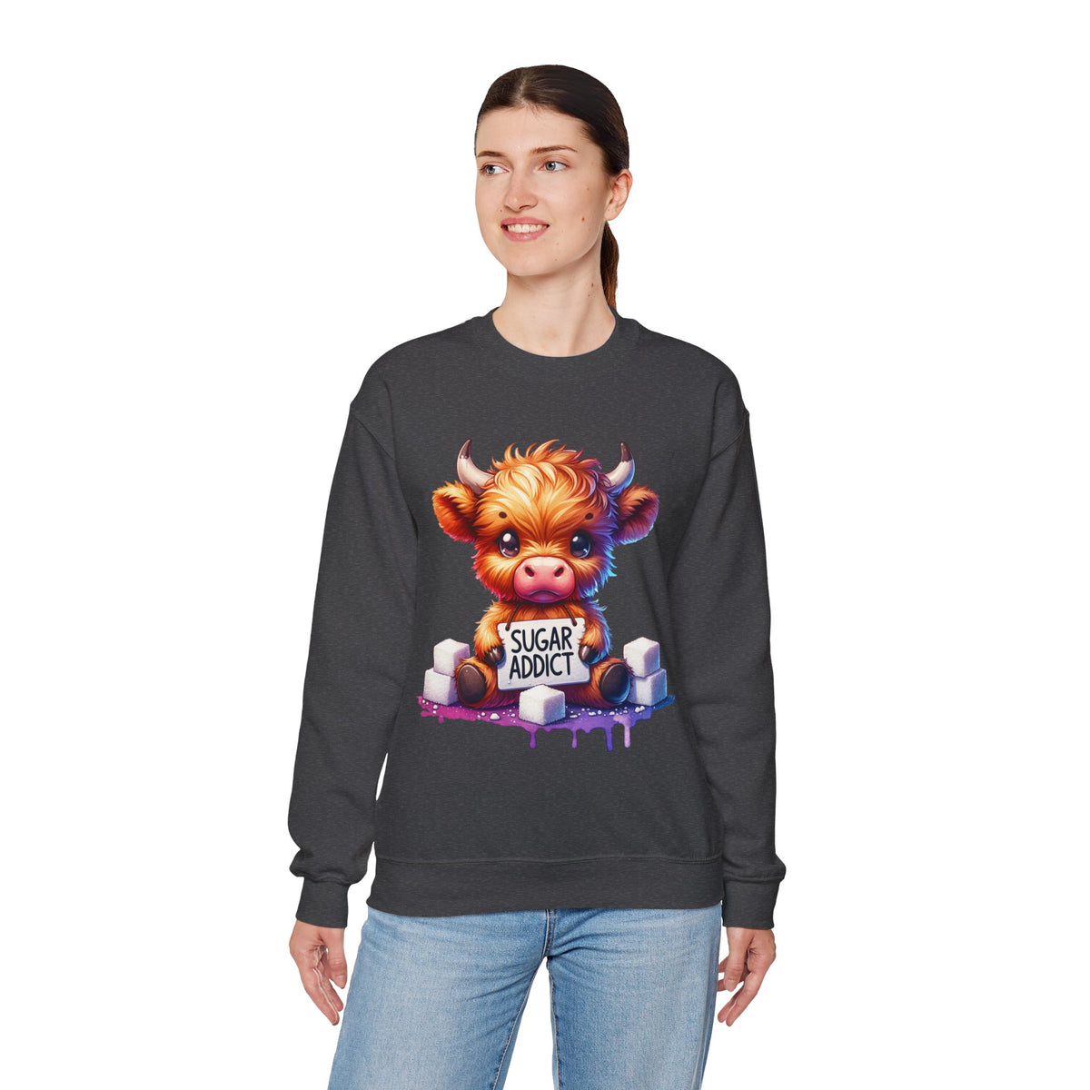 Sugar Addict Highland Cow – Gildan Heavy Blend | Trendy Women’s Soft Sweatshirt. Direct to Garment. Printed & Shipped in the USA. Unisex Sizes.