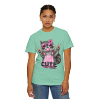 Cute But Feral, Raccoon in Pink Bibs - Comfort Colors | Trendy Women's T-Shirt. Direct to Garment. Printed & Shipped in the USA. Unisex Sizes.