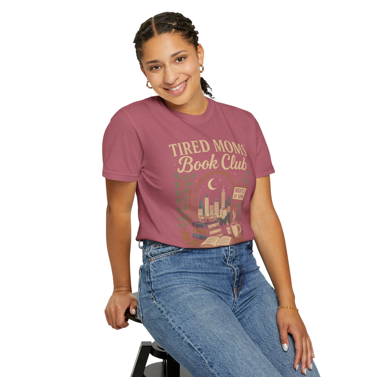 Tired Moms Book Club Running on Coffee and Chapters - Comfort Colors | Trendy Women's T-Shirt. Direct to Garment. Printed & Shipped in the USA. Unisex Sizes.