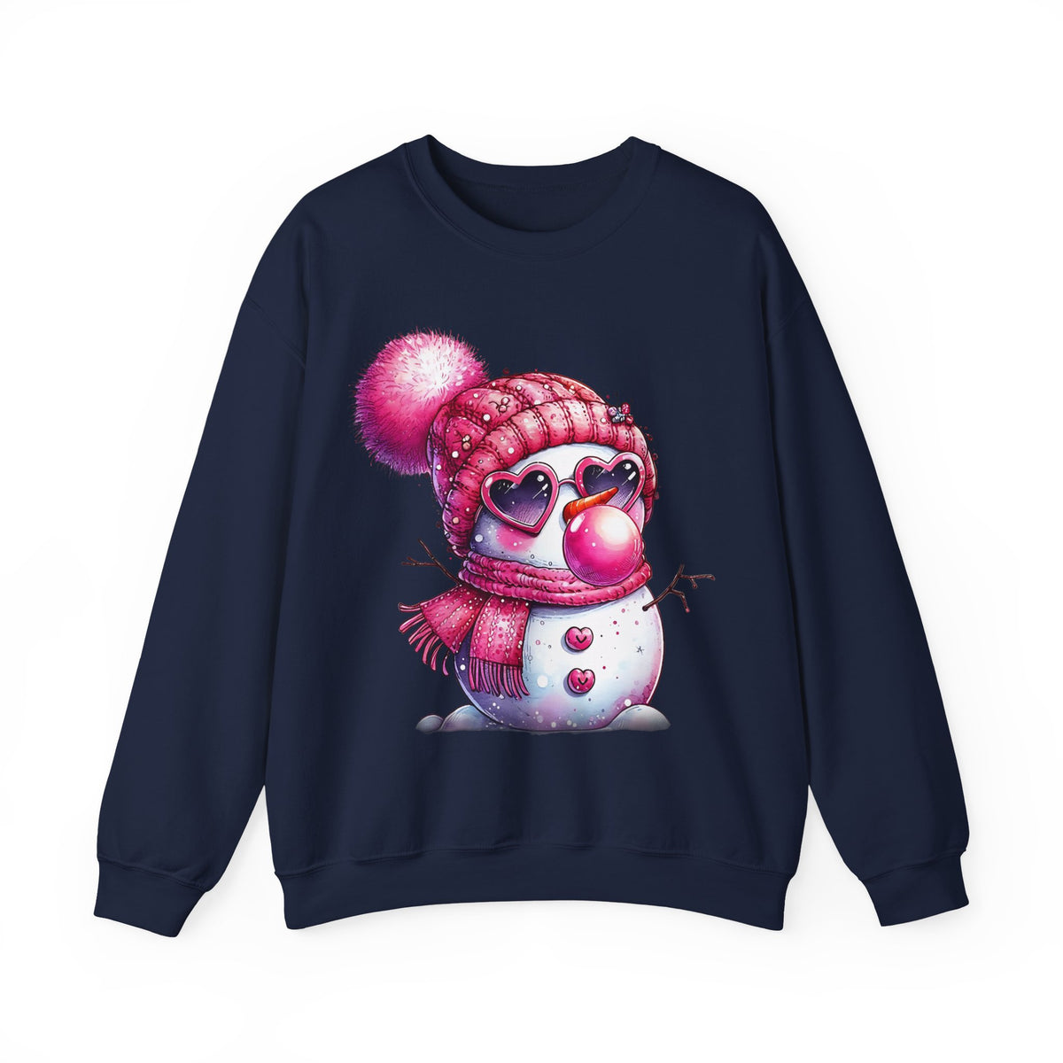 Pink Girly Snowman with Heart Sunglasses and Bubblegum - Winter – Gildan Heavy Blend | Trendy Women’s Soft Sweatshirt. Direct to Garment. Printed & Shipped in the USA. Unisex Sizes.