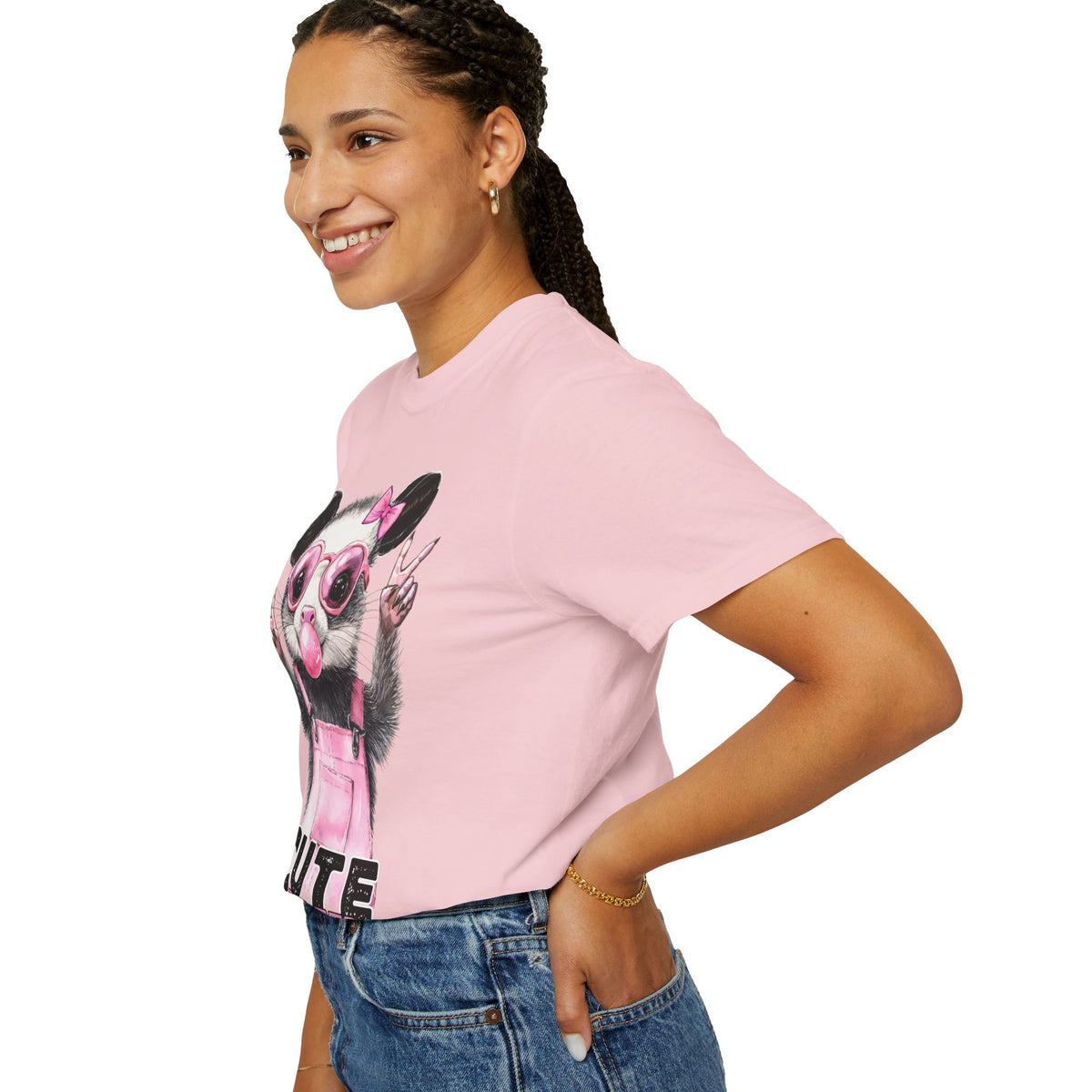 Cute But Feral, Possum in Pink Bibs - Comfort Colors | Trendy Women's T-Shirt. Direct to Garment. Printed & Shipped in the USA. Unisex Sizes.
