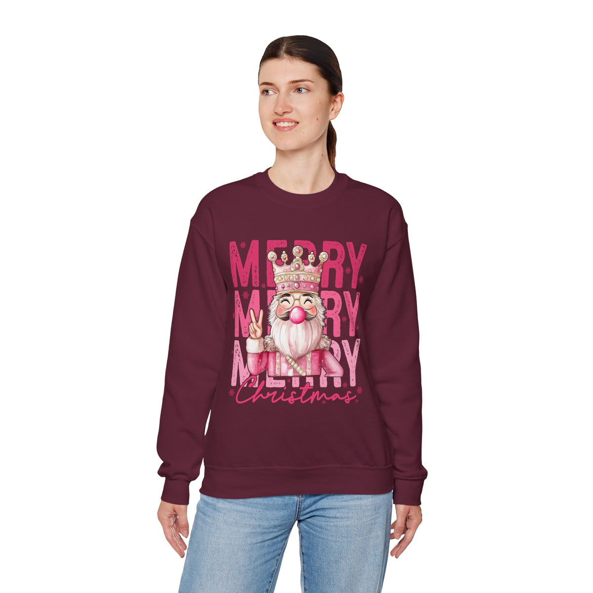 Merry Christmas - Cute Pink Bubblegum Nutcracker – Gildan Heavy Blend | Trendy Women’s Soft Sweatshirt. Direct to Garment. Printed & Shipped in the USA. Unisex Sizes.